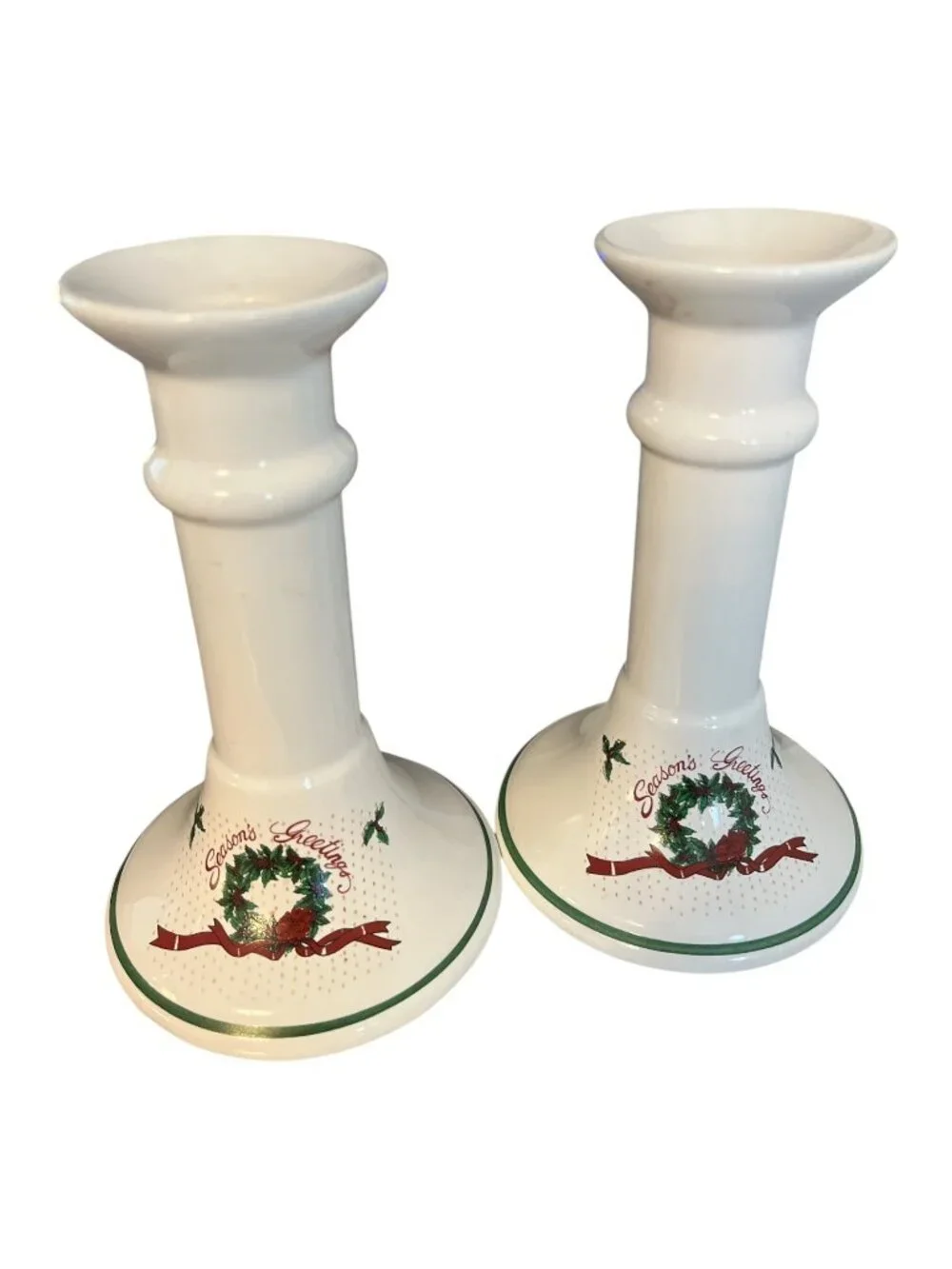 Vintage Season's Greetings Christmas Ceramic Candlestick Holders Pair Taiwan 6